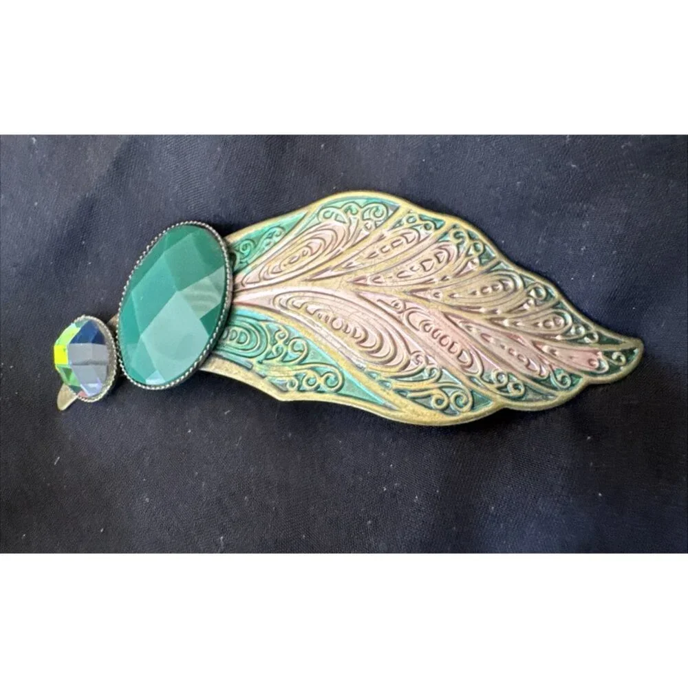 Cara NY Green Gold Rhinestone Feather Hair Barrette Pin Steampunk NEW